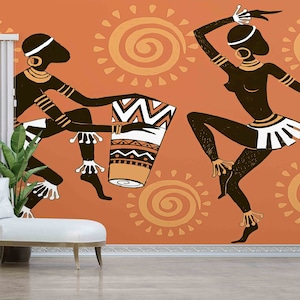 Bright Wall Paper,Modern Wall Paper,Ethnic Couple Wall Art,Custom Wall Paper,Abstract Wall Mural,African Dancing Wall Poster,