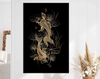 Canvas, Canvas Decor, Canvas Print, Koi Carps and Lotus Asian Symbols, Koi Carps Art Canvas, Koi Carps and Lotus Art Canvas, Modern Artwork,