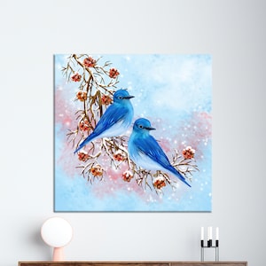 Impresión en lienzo de pájaro azul: Escena nevada invernal, arte mural de aves
