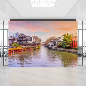 Paper Wall ArtModern Wall Paper,River Wall Poster,3d Wall Paper,Cityscape Wall Mural,China Wall Poster,Qinhuai River Wall Painting,