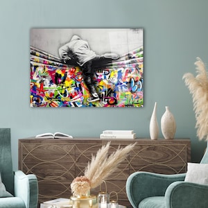 Modern Tempered Glass, Abstract Wall Decoration, Colorful Glass, Custom Glass Printing Wall Art, Banksy Boy Glass Decor, Wall Decoration,