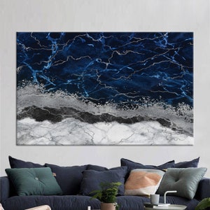 Living Room Wall Art, Wall Art Canvas, Wall Decor, Blue And Silver Canvas Art, Contemporary Art Canvas, Navy Blue Marble Wall Decor,