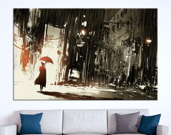 Red Umbrella Cityscape Canvas Art: Abstract Urban Print