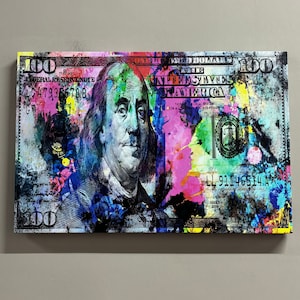 Canvas Print, Canvas Home Decor, 3D Wall Art, Benjamin Franklin Art, 100 Dollar Printed, Colorful Dollar Art, Office Printed,