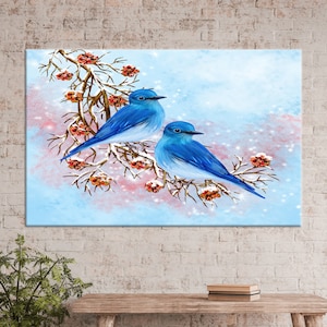 Arte mural en lienzo de pájaro azul: Impresión de rama invernal
