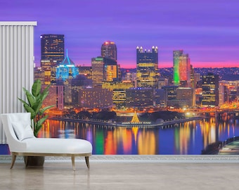 Papel tapiz del horizonte de Pittsburgh: arte mural de paisaje urbano moderno, opciones de despegar y pegar