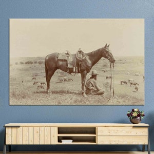 Texas Cowboy Horse Canvas Print: Farmhouse Rustic Wall Art