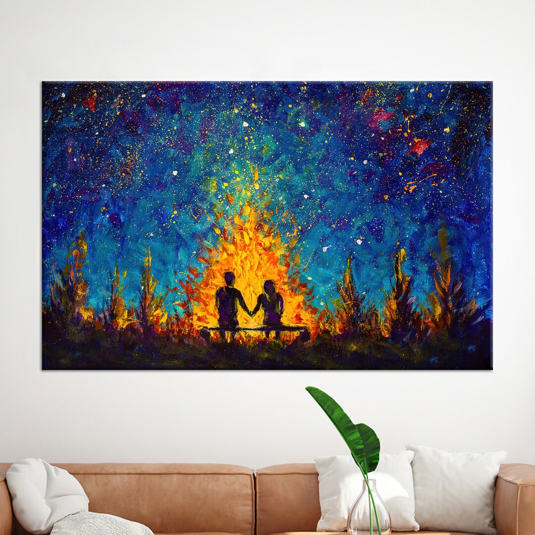 Couple by Campfire Canvas Art: Romantic Night Sky Wall Decor - Etsy