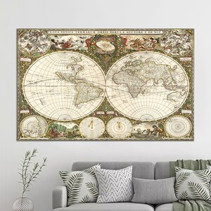 3D Wandkunst, Große Leinwand, Leinwand Geschenk, Eine neue Karte der ganzen Welt, Neue Weltkarte Wandkunst, Vintage Weltkarte Leinwanddruck,