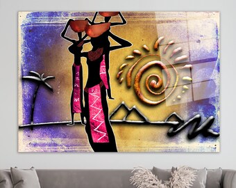 Arte de vidrio con mujeres africanas: decoración étnica para pared, impresión en vidrio templado