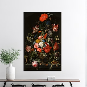 Decoración del hogar del lienzo, arte de la pared del lienzo, decoración del lienzo, cartel del florero, arte del lienzo botánico, regalo del lienzo de las flores rojas, arte del florero,