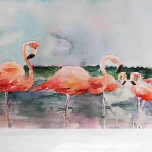 Watercolor Flamingo Wallpaper: Tropical Wall Mural, Peel & Stick