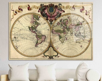 May include: An antique world map print with a vintage aesthetic. The map is divided into two hemispheres, showing the continents of the world in a detailed and intricate style. The map is surrounded by a decorative border with ornate details.