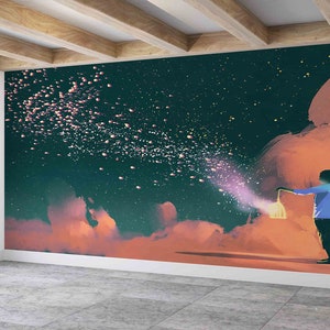 Papel de pared personalizado, papel de pared brillante, Mural de pared de cielo estrellado, niño con linterna, papel de pared moderno, póster de pared contemporáneo,
