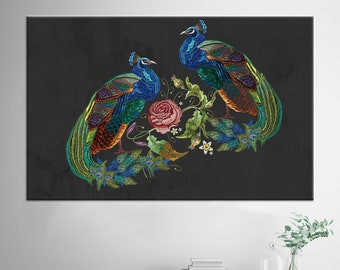 刺繍の孔雀のキャンバスプリント：モダンな抽象画の壁アート - Etsy 日本
