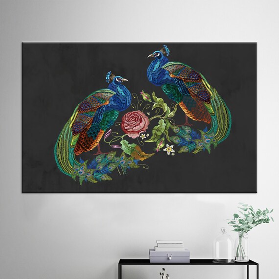 刺繍の孔雀のキャンバスプリント：モダンな抽象画の壁アート - Etsy 日本