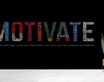 May include: A motivational quote poster with the word "NEVER GIVE UP" in large, colorful letters. The quote is surrounded by smaller words and phrases related to success, failure, and perseverance. The background is black.