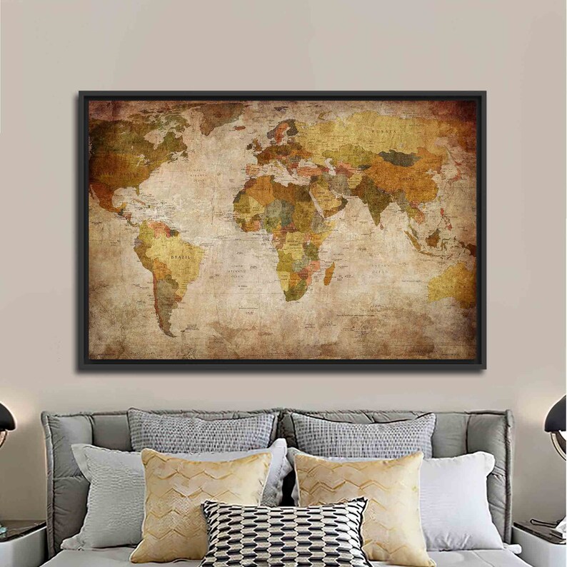 Vintage World Map Canvas Art: Large Atlas Poster Gold Framed