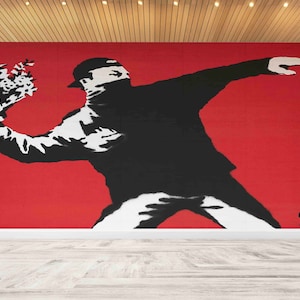 3d Wall Paper,Banksy Flower Wall Print,Modern Wall Paper,Painting Mural,Custom Wall Paper,Banksy Graffiti Wallpaper,