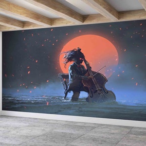 Carta da parati stacca e incolla, Poster da parete Luna rossa, Carta da parati luminosa, Pittura murale musicale, Decorazione murale con carta Decorazione murale per sala musica,