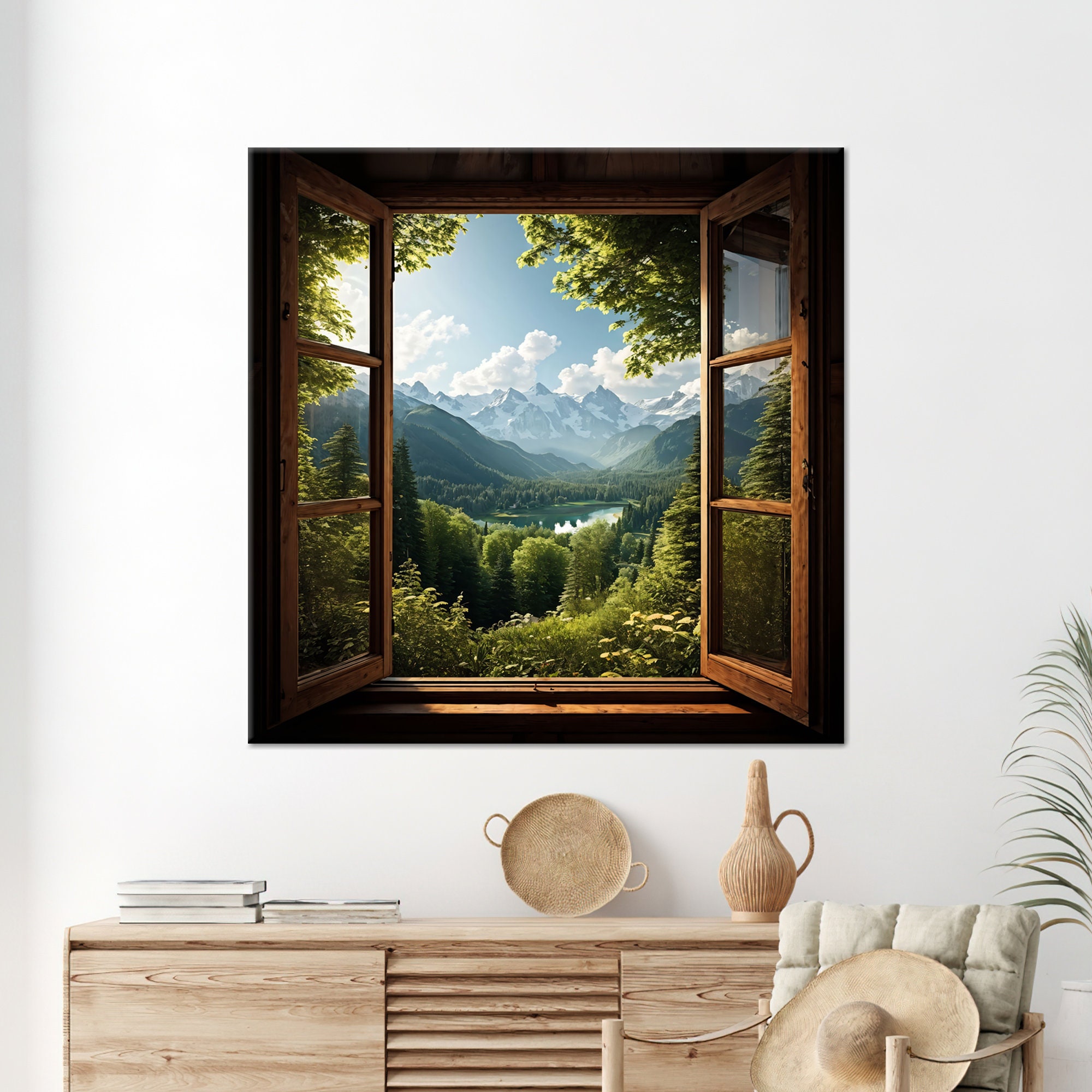 Rustic Window Print Wall Decor, Window Frame Canvas Gift, Window Landscape Canvas Poster, Landscape Wall Decor, Handmade Gift, Home Decor