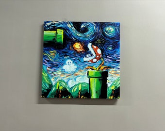 Impression sur toile, toile 3D, toile décorative, décoration murale Mario Bros, oeuvre d'art sur toile Super Mario, toile Mario Van Gogh, cadeau toile moderne,