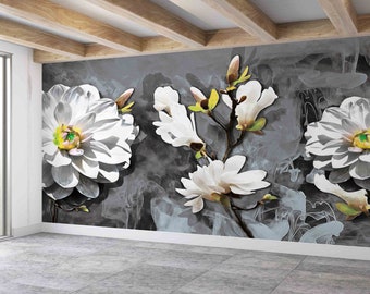 May include: A gray and white floral wallpaper mural featuring large white flowers with yellow centers. The flowers are arranged in a random pattern on a gray background with a subtle watercolor effect.