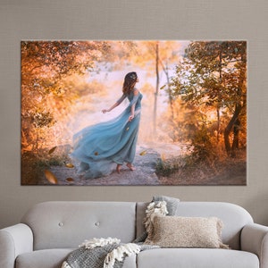Lienzo, Arte de pared 3D, Arte de pared de sala de estar, Cartel de mujer hermosa, Lienzo 3D de mujer en el bosque, Mujer impresa, Lienzo 3D de paisaje de otoño,