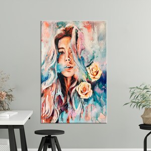 Wall Decor, Living Room Wall Art, 3D Canvas, Abstract Girl Canvas, Abstract Canvas Gift, Rose Wall Decor, Colorful Canvas Decor,