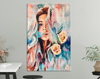 May include: A painting of a woman with long, flowing hair. She is surrounded by a blue and pink watercolor background with yellow roses.