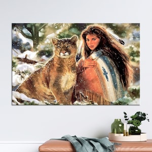 Living Room Wall Art, Canvas Art, Canvas Home Decor, Native Woman And Big Cat, Indian Woman Wall Art, Lion Poster, Woman And Lion Artwork,