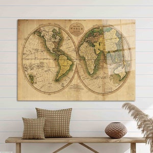 Wandbild, Kunst, Wandkunst, Wand-Dekor, Weltkarte Leinwand Dekor, Vintage Karte gehärtetes Glas, Karte Wandkunst, Große Weltkarte Glaswand,