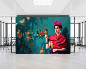 Frida And Butterflies Mural,Colorful Wall Poster,3d Wall Paper,Wall Paper Peel and Stick,Bright Wall Paper,Woman Portrait Wallpaper,