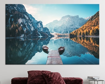 Wall Art Canvas, Wall Decor, Boats on the Braies Lake in Dolomites Mountains, Painting on Canvas, Lake Scenery Art Canvas,