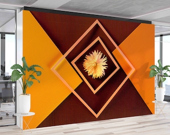 May include: A geometric wall mural with a brown and orange striped pattern. The mural features a large, orange square with a smaller, peach-colored square inside. A yellow flower is centered in the smaller square.