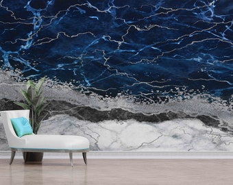 Papel pintado de mármol azul plateado: arte mural abstracto, decoración moderna