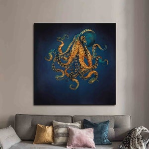 Large Canvas, Canvas Print, Wall Art Canvas, Octopus, Animal 3D Canvas, Modern Printed, Gold Canvas Decor, Luxury Art Canvas,
