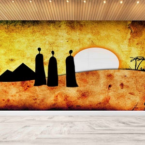 Paisaje africano, papel de pared brillante, póster de pared de puesta de sol, pelar y pegar papel de pared, papel de pared moderno, mural de paisaje de puesta de sol,
