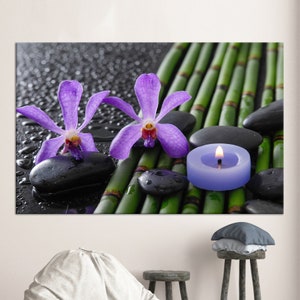 Arte abstracto, cartel de orquídea púrpura, impresión de lienzo, colgante de pared personalizado, bosque de bambú de orquídea púrpura, arte de lienzo, cartel de lienzo de piedras negras,