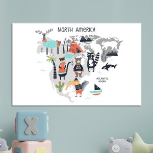Wand Kunst Leinwand, Wand-Dekor, Leinwand Geschenk, Nordamerika Tier Karte, Kinder Kunst, Kinder Karte Leinwand, Tier Leinwand Kunst,