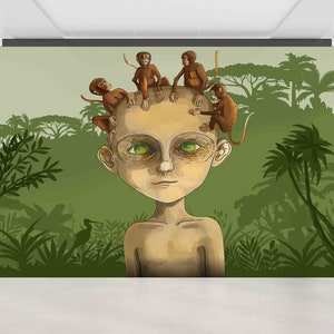 Boy and Monkeys Wallpaper: Custom Peel and Stick Wall Art
