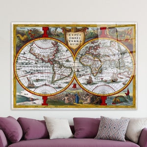 Wanddekor, Wanddekoration, Glaskunst, Antike Weltkarte Leinwanddruck, Karte Glaswandkunst, Große Karte Wanddekor, Alte Weltkarte Glasdekor,