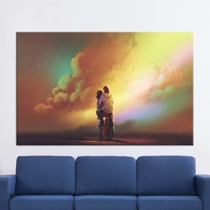 Canvas Art, Large Wall Art, Canvas Print, Lovers Riding Bikes, Colorful Printed, Valentines Gift Wall Art, Lovers Riding Bikes Art,