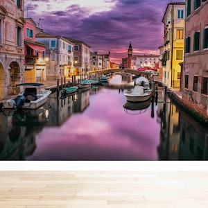 Venice Canal Wallpaper Mural: Purple Cloud Peel and Stick Wall Decor
