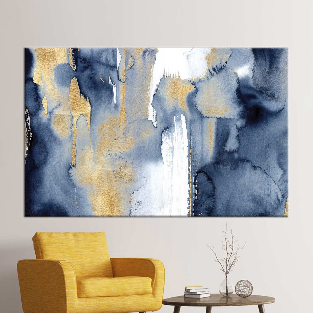Blue and Gold Abstract Canvas Art: Modern Wall Decor - Etsy