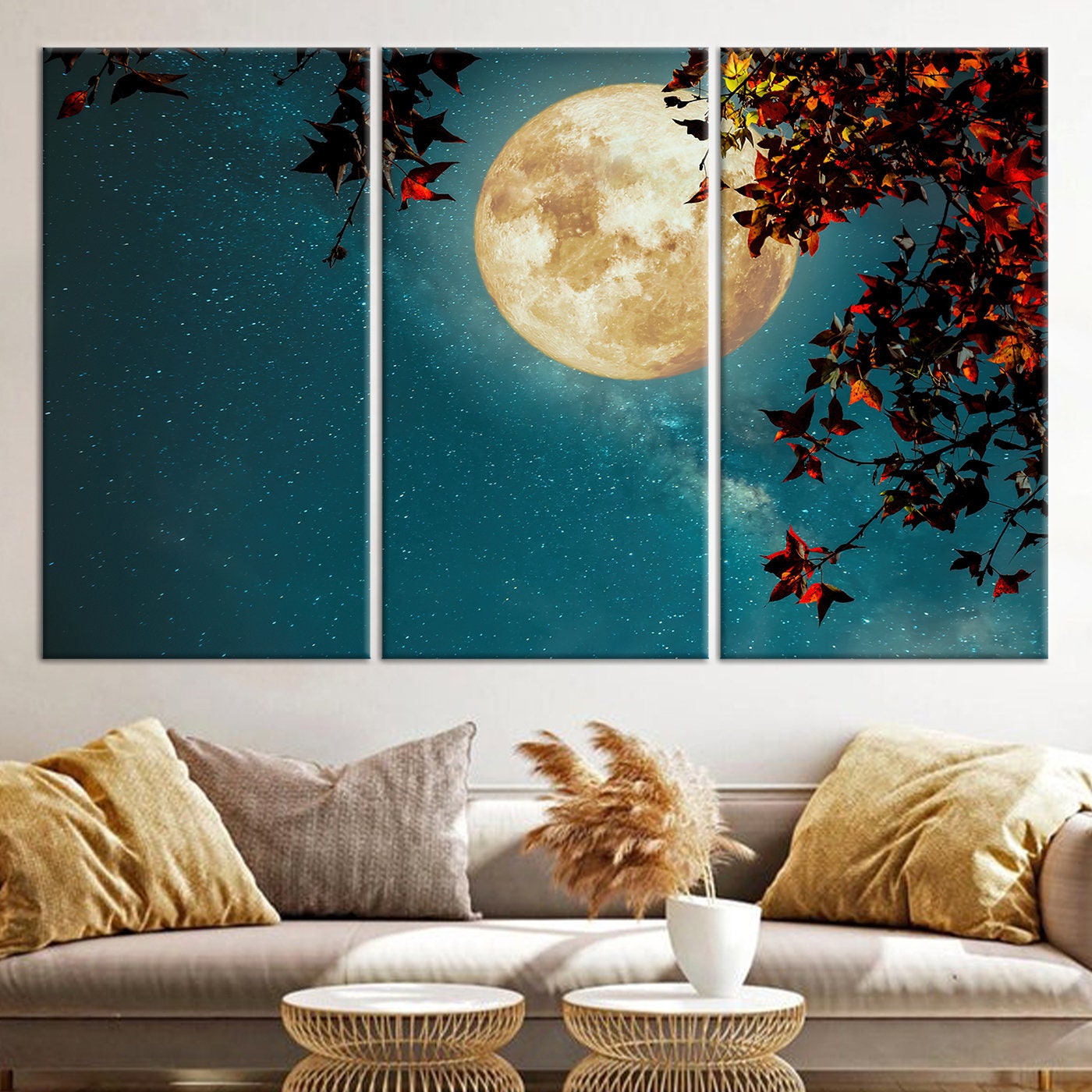 Tableau Toile “Pleine Lune Et Arbres” 90x60cm – Impression Giclée Encadrée – Décoration Murale