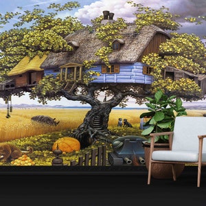 Albero di fantasia, carta da parati moderna, carta da parati luminosa, carta da parati 3d, stampa da parete dei sogni d'infanzia, decorazione da parete dell'albero di fantasia,
