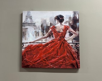Woman in Paris Painting Print: Red Dress Canvas Wall Art