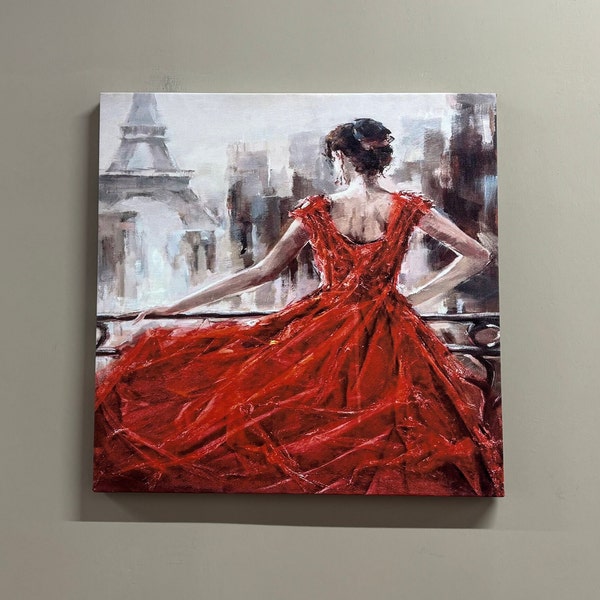 Woman in Paris Painting Print, Canvas Wall Art, Woman With Red Dress Wall Art, Large Canvas, Gift for Him, Paris Canvas Decor,