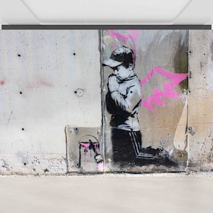 Painting Wall Print,Banksy Wall Art,Modern Wall Paper,Paper Wall ArtBanksy Pink Wings Wall Decor,Custom Wall Paper,Graffiti Wall Print,